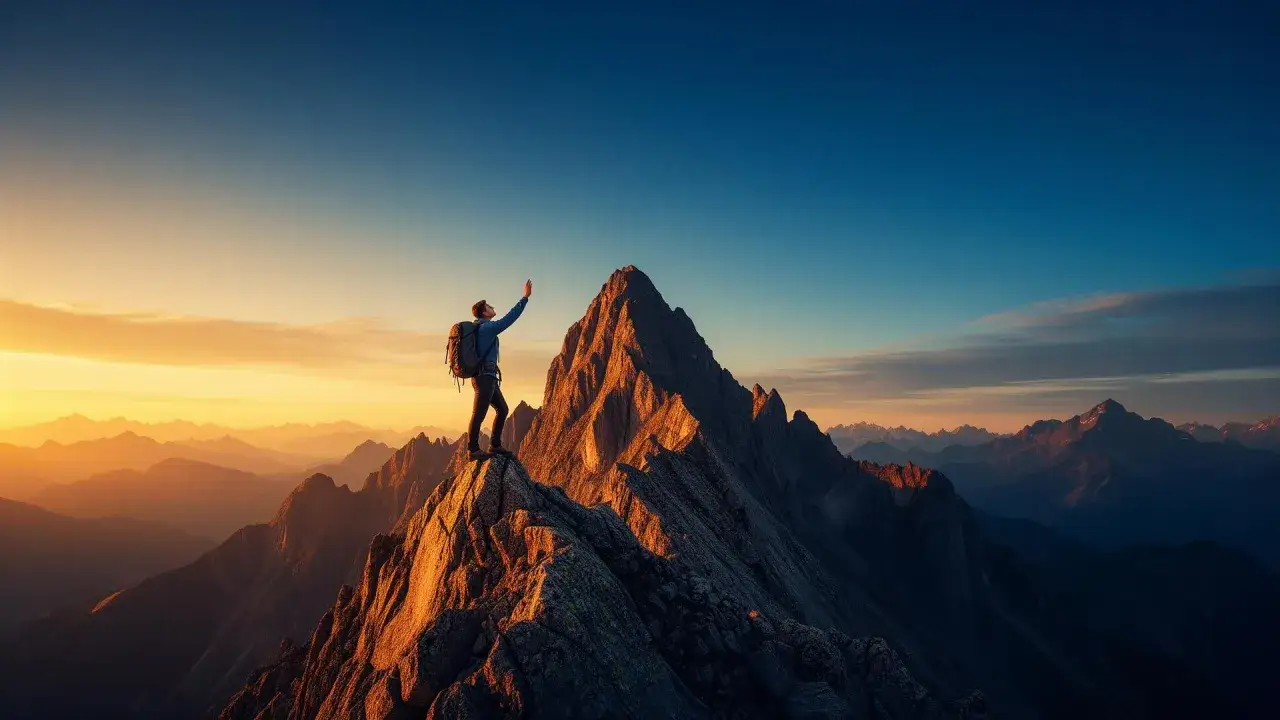 Monta&ntilde;ista en la cima, con el sol naciente, inspira con frases de luchar y no rendirse.