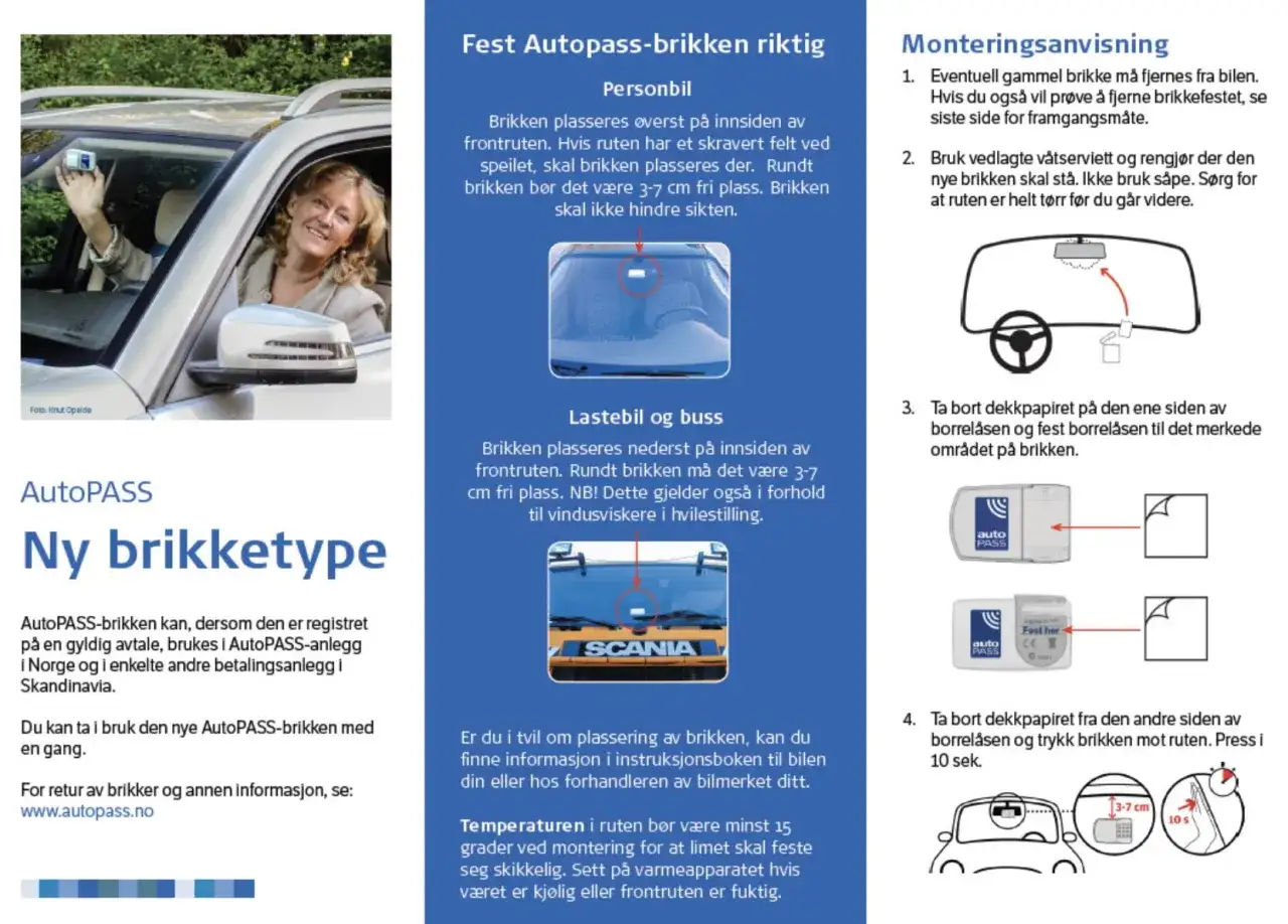 Instrukcja montażu AutoPASS: prawidłowe umieszczenie chipa do opłat drogowych w Norwegii zapewni płynne przejazdy.
