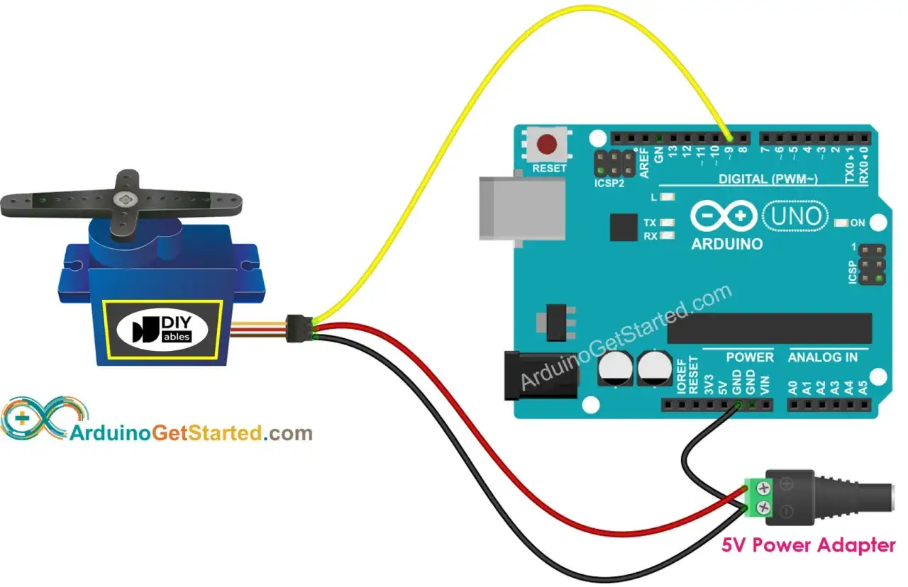 Ein Servo mit einem **stecker mit 3 stiften** ist mit einem Arduino UNO verbunden. Ein Netzteil liefert Strom.