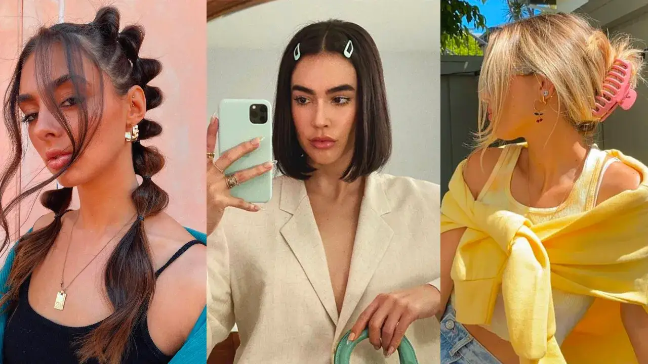 Tres estilos de peinados de los 90: bubble braids, bob con pasadores y coleta alta con pinza.