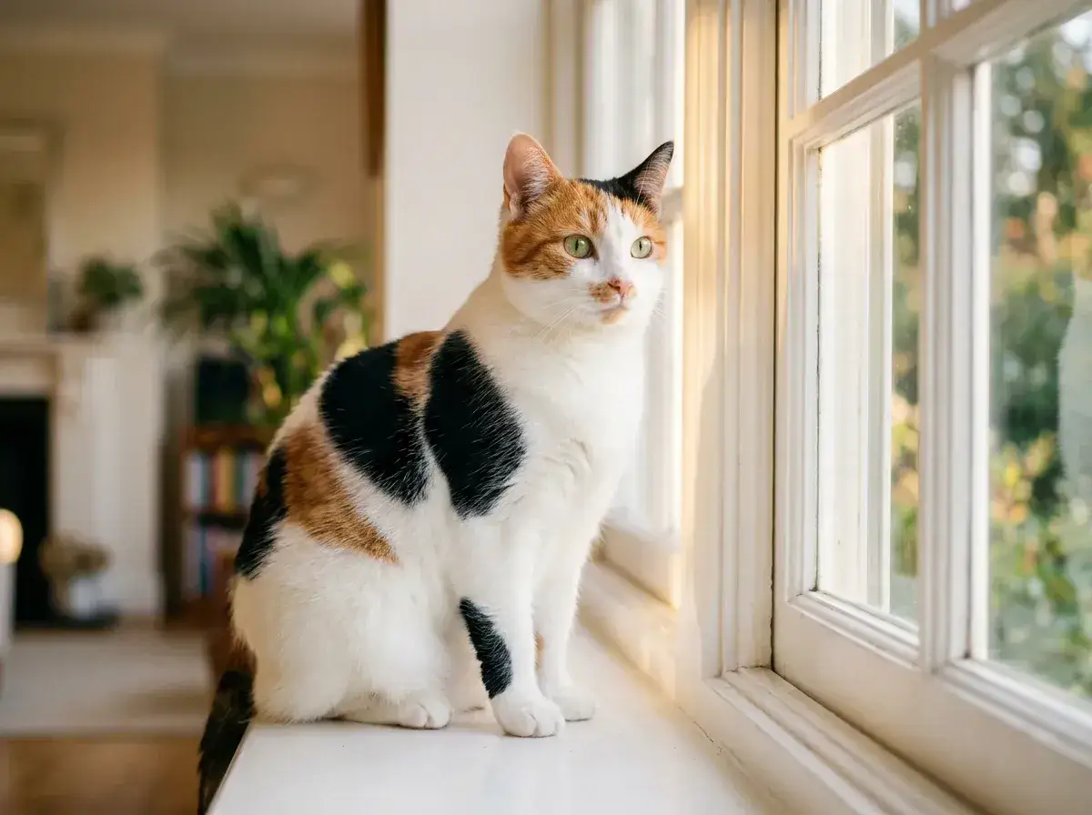 A beautiful calico cat sits by a window, its patches of white, black, and orange a testament to its genetics. These cats often enjoy a long calico cat lifespan, living happily for many years.