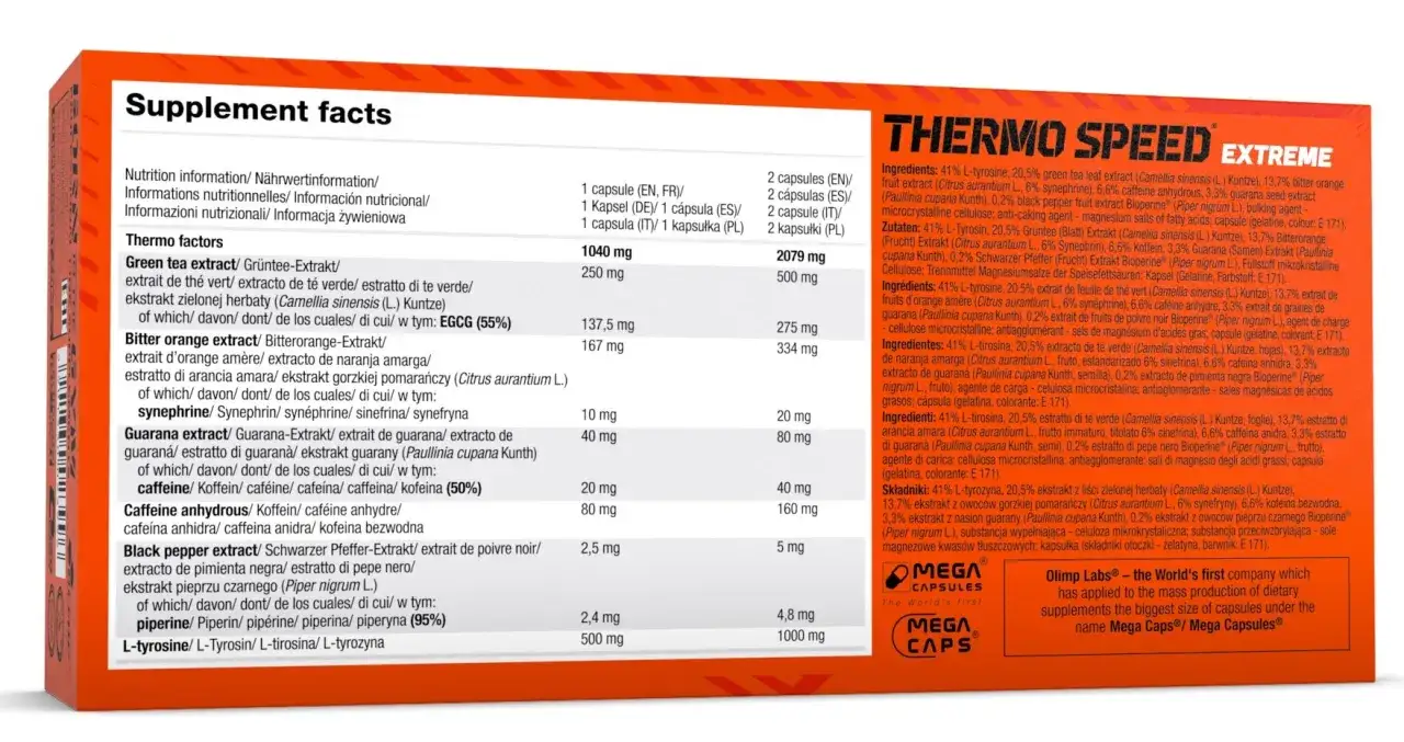 Thermo Speed Extreme dawkowanie: składniki aktywne, takie jak ekstrakt z zielonej herbaty, gorzkiej pomarańczy, guarany, kofeina, piperyna i L-tyrozyna.