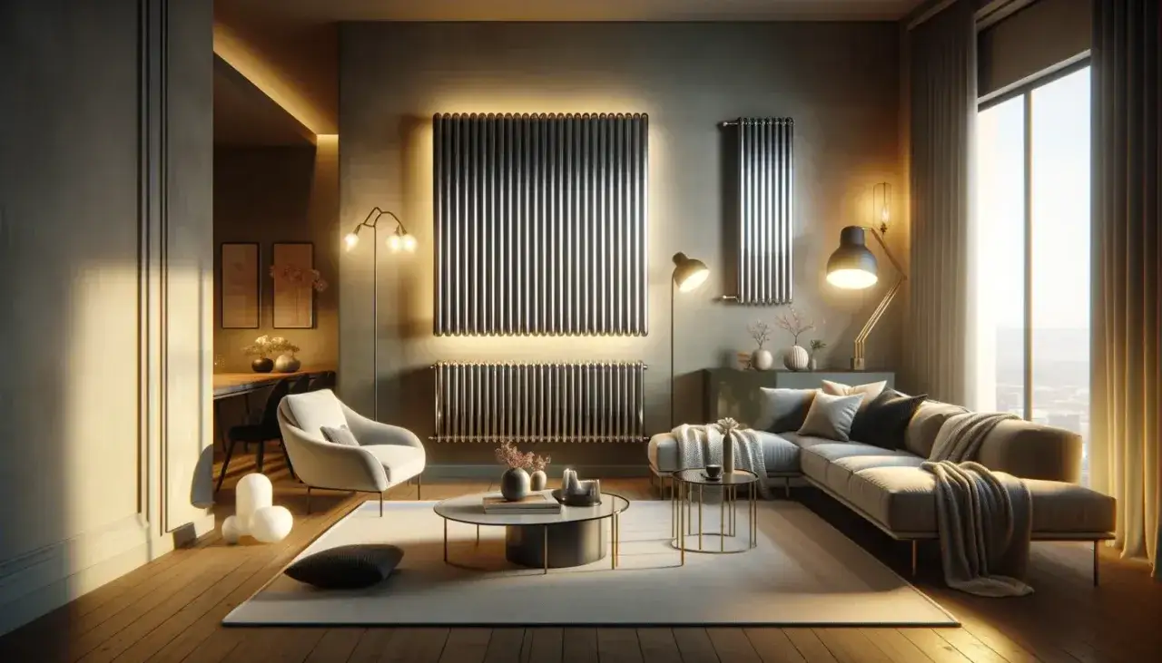 Salon moderne avec radiateurs design, un canapé confortable et une lumière douce. L'ensemble suggère une ambiance chaleureuse et une **économie chauffage** grâce à un système efficace.