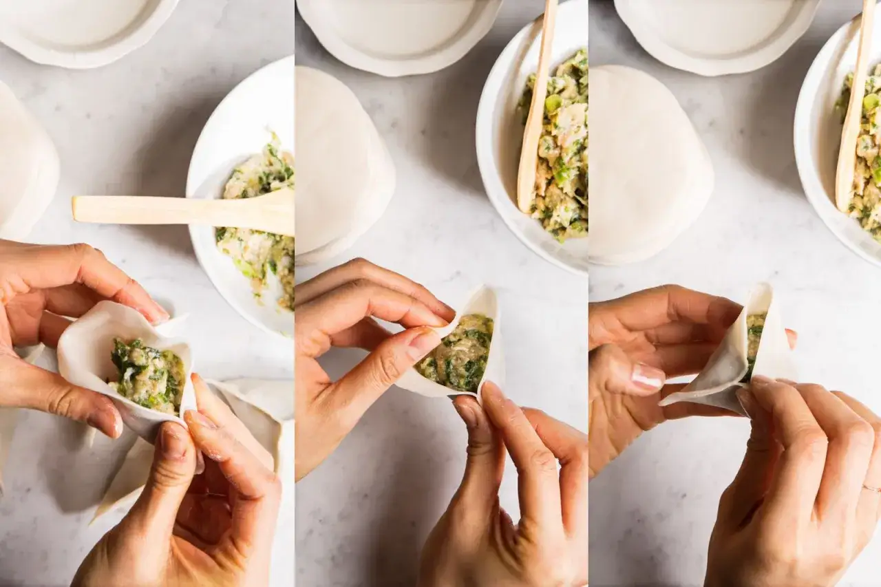 Schritt-f&uuml;r-Schritt-Anleitung f&uuml;r ein k&ouml;stliches Dumplings Rezept: H&auml;nde f&uuml;llen Teigbl&auml;tter mit einer herzhaften Mischung und falten sie zu perfekten Teigtaschen.