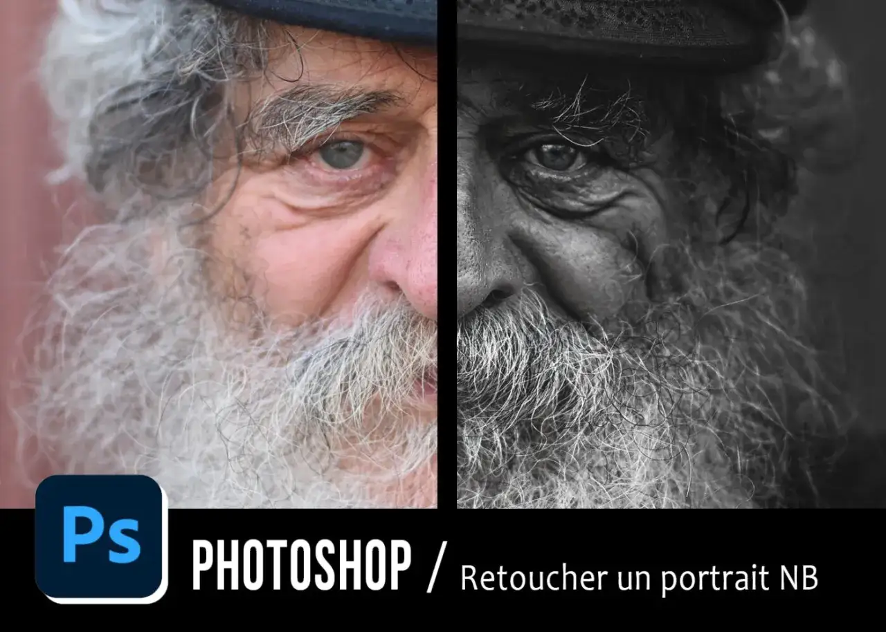 Portrait d'un homme âgé, divisé en deux : une moitié en couleur, l'autre en **couleur noir et blanc** retouchée avec Photoshop.