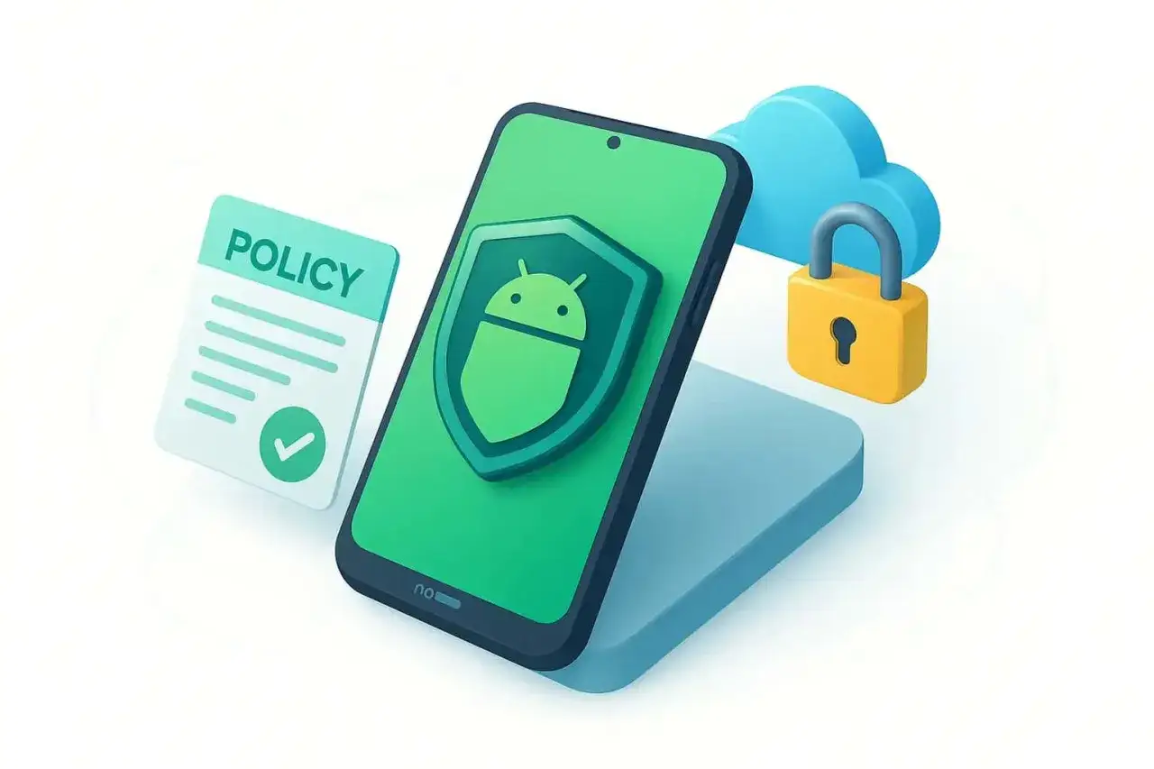 Un teléfono con un escudo de Android, un documento de **device policy para que sirve** y un candado en una nube.