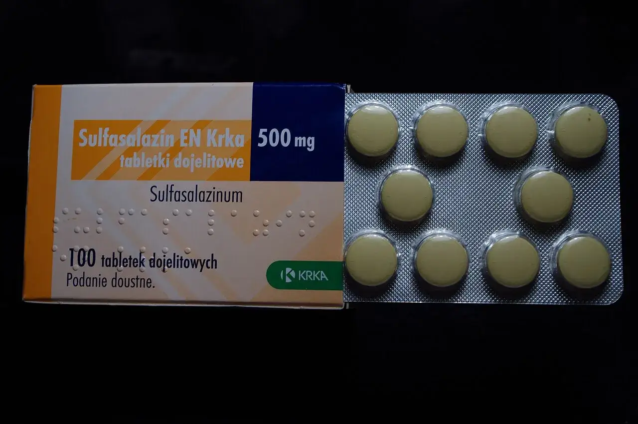 Opakowanie leku Sulfasalazin EN Krka 500 mg, zawierające 100 tabletek dojelitowych.