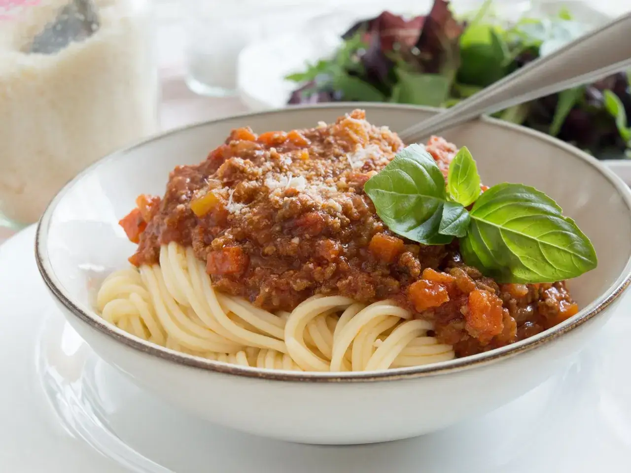 Eine Schüssel mit Spaghetti und herzhaftem Ragu, garniert mit frischem Basilikum und Parmesan. Ein Klassiker, der immer schmeckt.