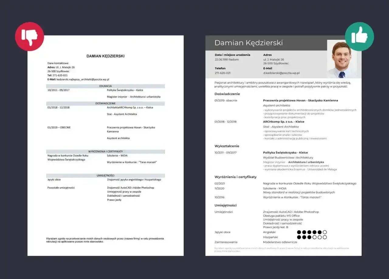 Przykładowe CV Damiana Kędzierskiego, architekta z doświadczeniem w projektowaniu dom&oacute;w jednorodzinnych.