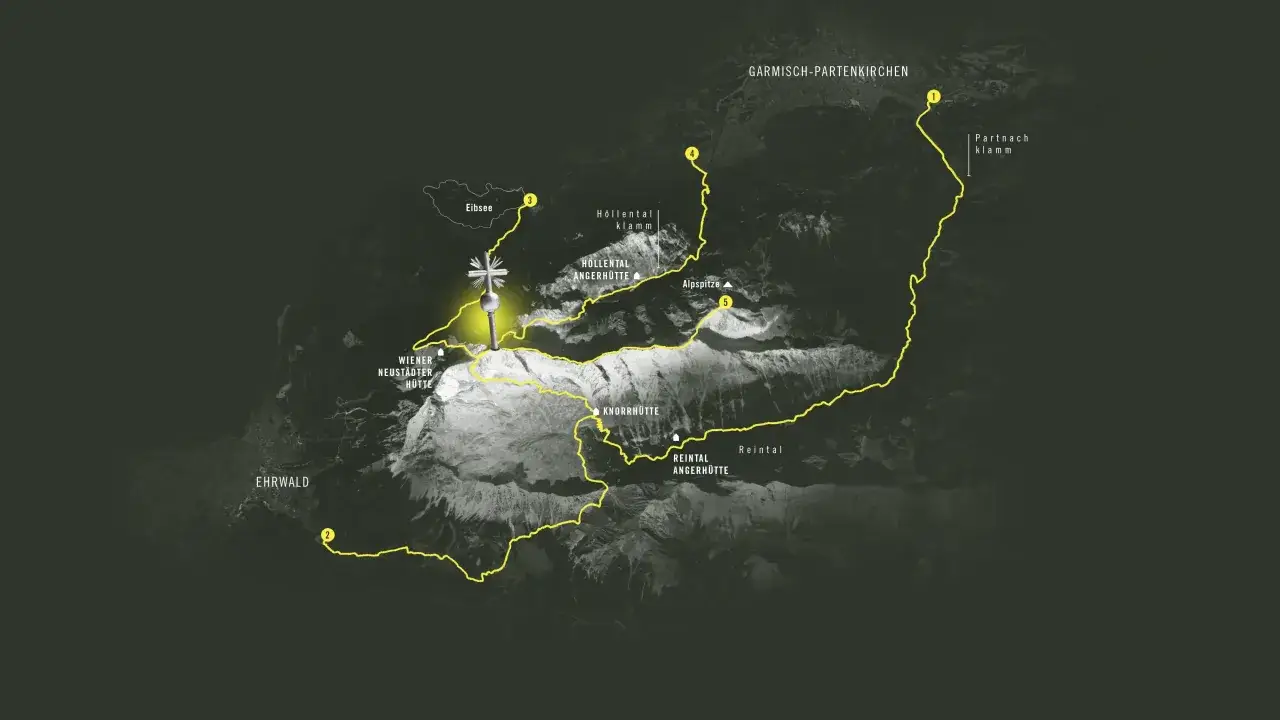 Karte zeigt Routen zum Zugspitze aufstieg. Dauer und Schwierigkeit variieren je nach Route, z.B. &uuml;ber die H&ouml;llentalangerh&uuml;tte.