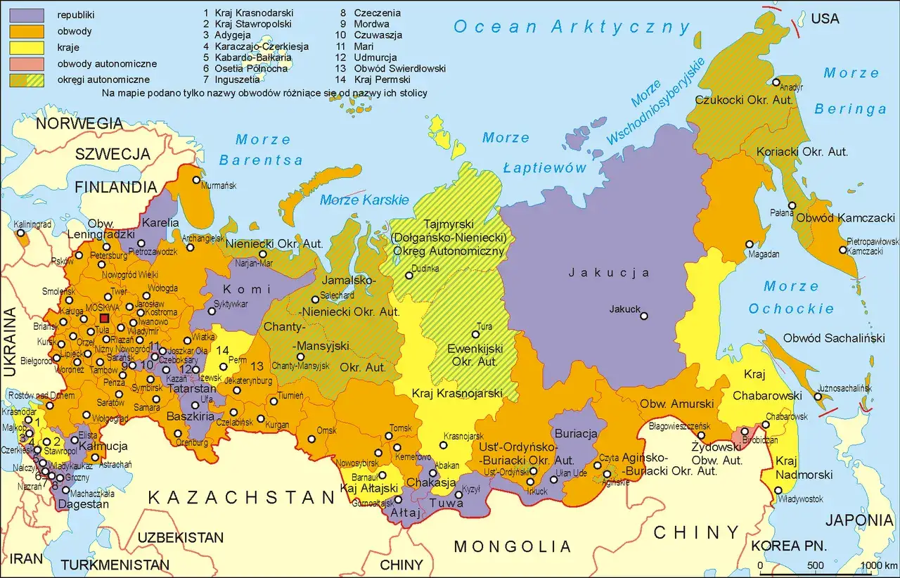 Mapa Rosji z zaznaczonymi regionami podwyższonego ryzyka dla podróżnych