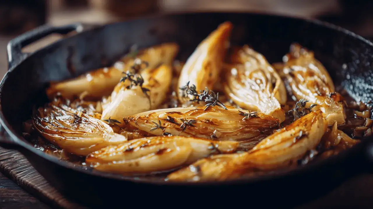 Endives caram&eacute;lis&eacute;es &agrave; la po&ecirc;le, parsem&eacute;es de thym frais, dans une po&ecirc;le en fonte. Un d&eacute;lice simple et savoureux.