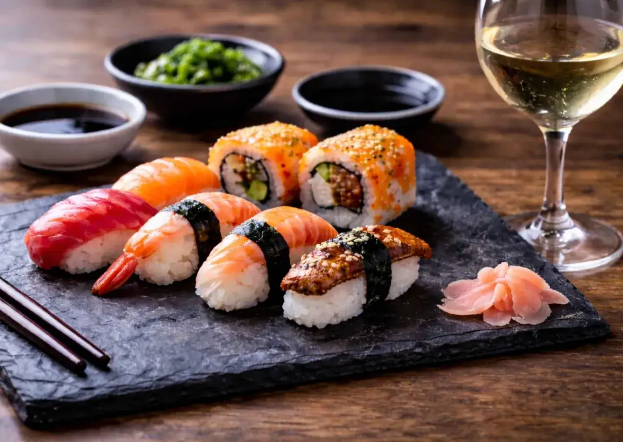 Idealne co pić do sushi to białe wino, kt&oacute;re doskonale podkreśla smak ryb i owoc&oacute;w morza. Na talerzu r&oacute;żnorodne sushi i rolki.