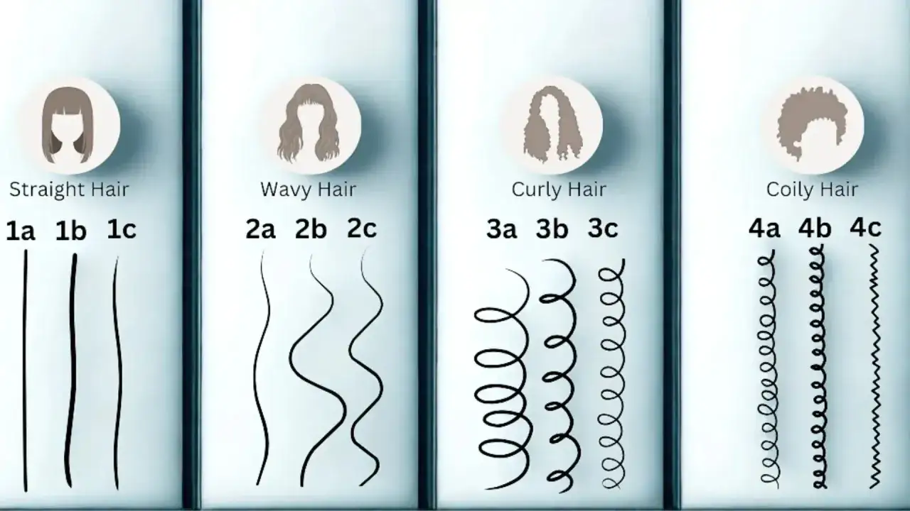 Haartypen: glatt, wellig, curly hair und kraus. Jede Kategorie zeigt verschiedene Abstufungen von 1a bis 4c.