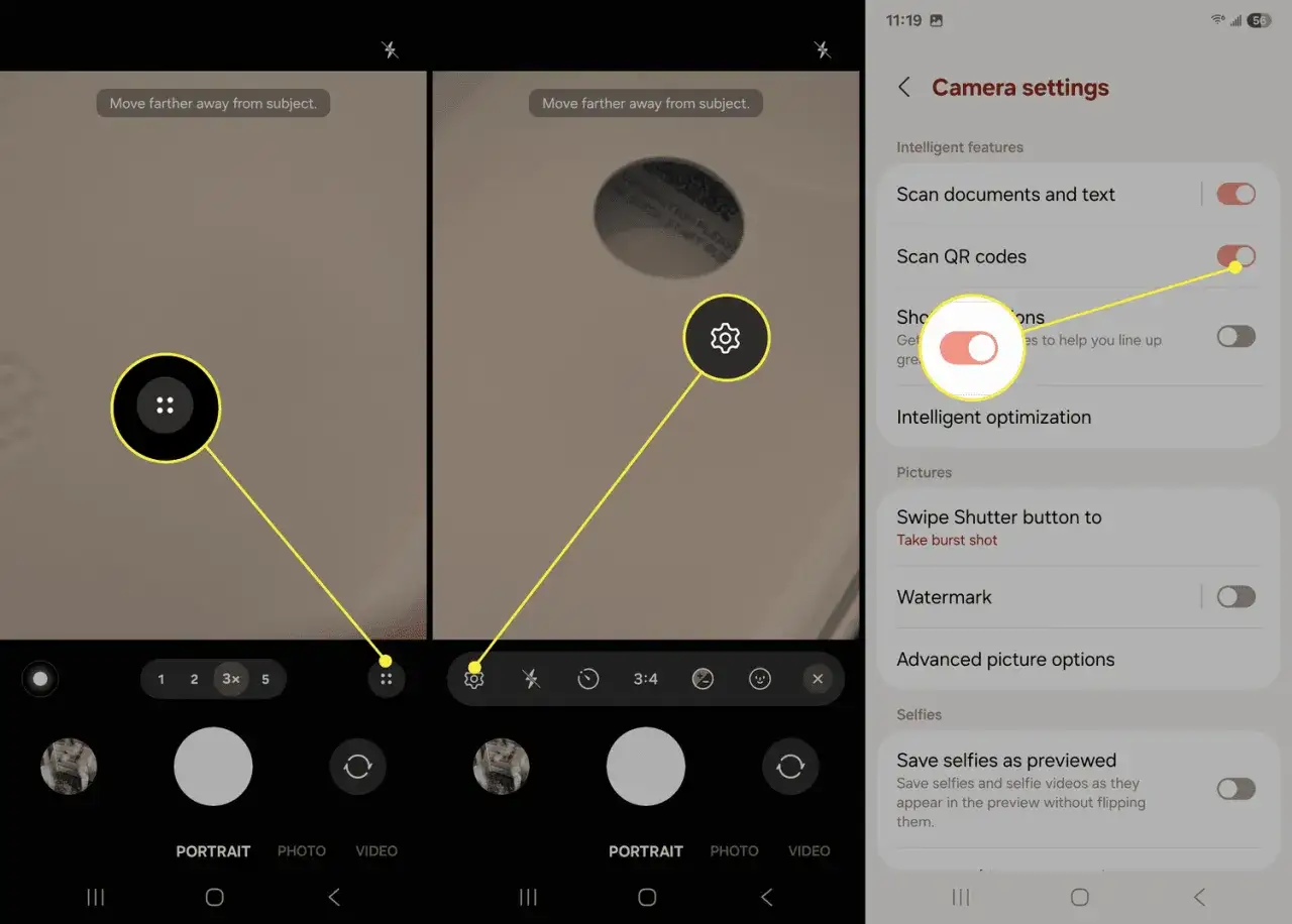 Inställningar för Samsung-kameran visar hur man aktiverar skanna QR kod.