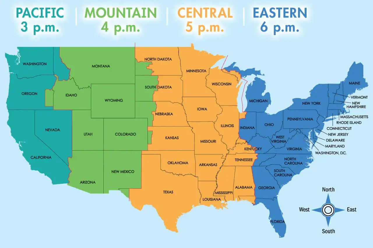 Mapa USA z podziałem na strefy czasowe: Pacyficzną (3 PM), Górską (4 PM), Centralną (5 PM) i Wschodnią (6 PM). Różnica w czasie w USA a w Polsce jest znacząca.
