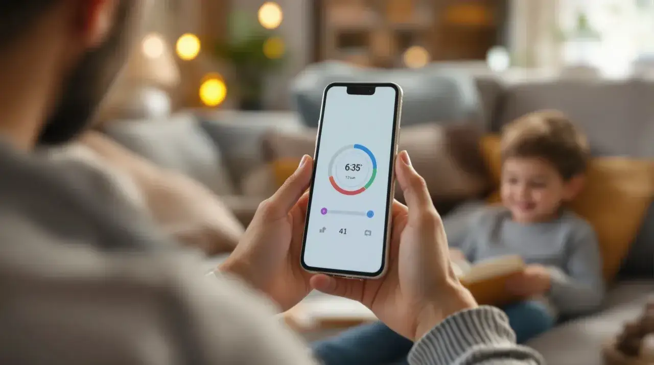 Ojciec sprawdza na telefonie czas przed ekranem android, podczas gdy syn czyta książkę.