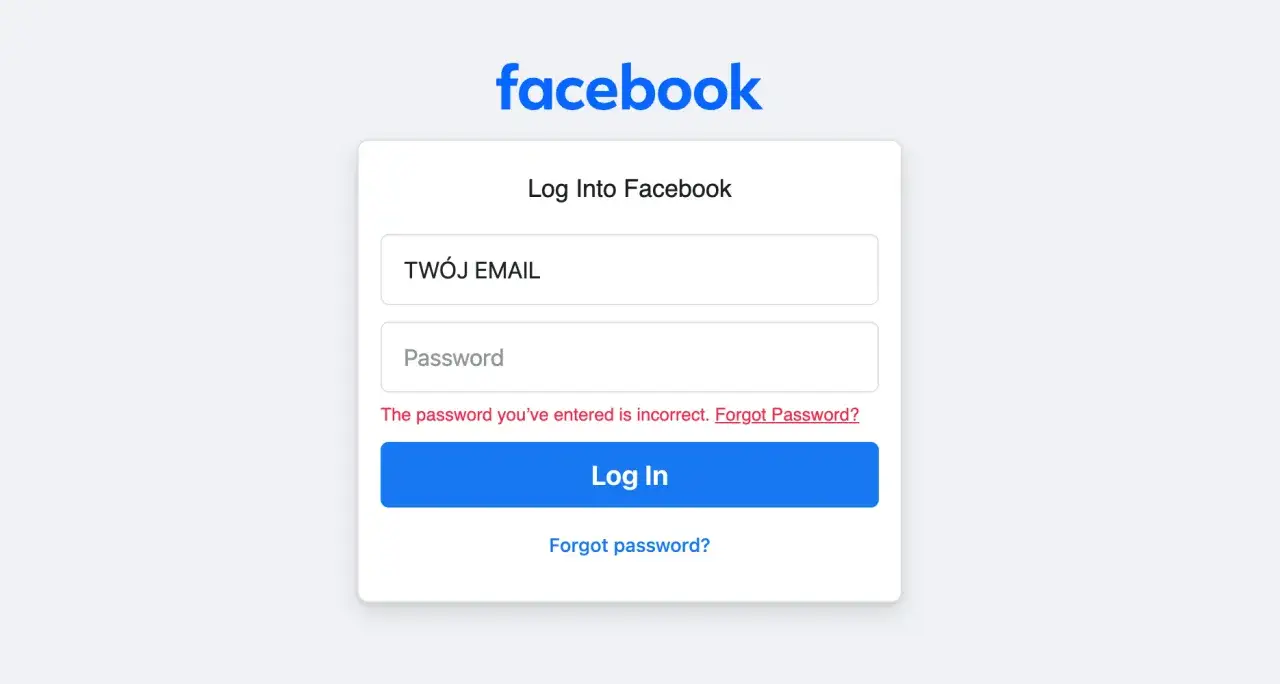 Ekran logowania do Facebooka. Błąd hasła, próba aktualizacji FB.