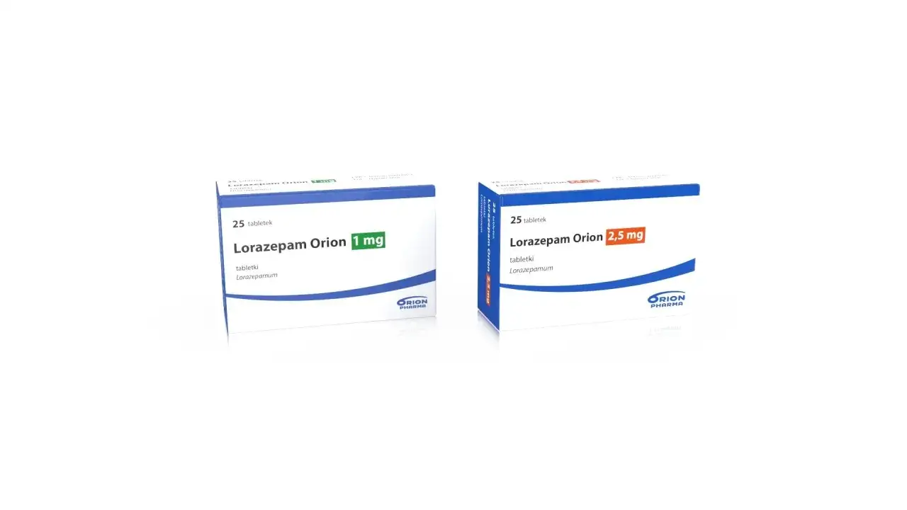 Dwie paczki leku Lorazepam Orion (1 mg i 2,5 mg) - to przykład lek&oacute;w z grupy benzodiazepiny, stosowanych m.in. w leczeniu lęku.