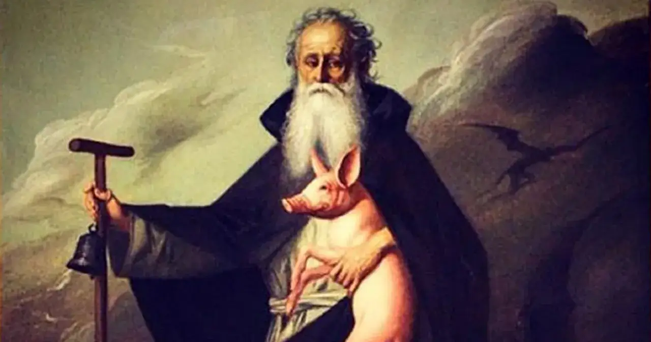 Un anziano barbuto con un maialino rosa, un bastone con campanella e un'ombra di drago. La storia del porcellino di Sant'Antonio.