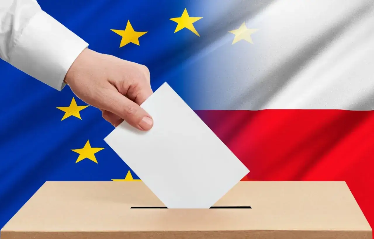 Głosowanie w urnie wyborczej na tle flag Polski i Unii Europejskiej symbolizuje polską koalicję europejską.