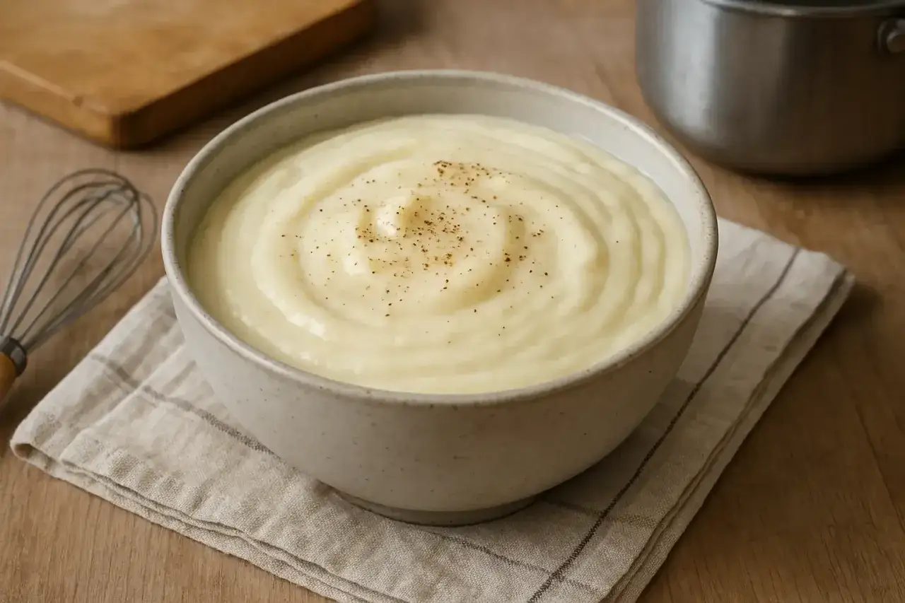 Un bol de b&eacute;chamel sans beurre, onctueuse et saupoudr&eacute;e de poivre, pr&ecirc;te &agrave; &ecirc;tre utilis&eacute;e. Un fouet et une planche &agrave; d&eacute;couper sont visibles.