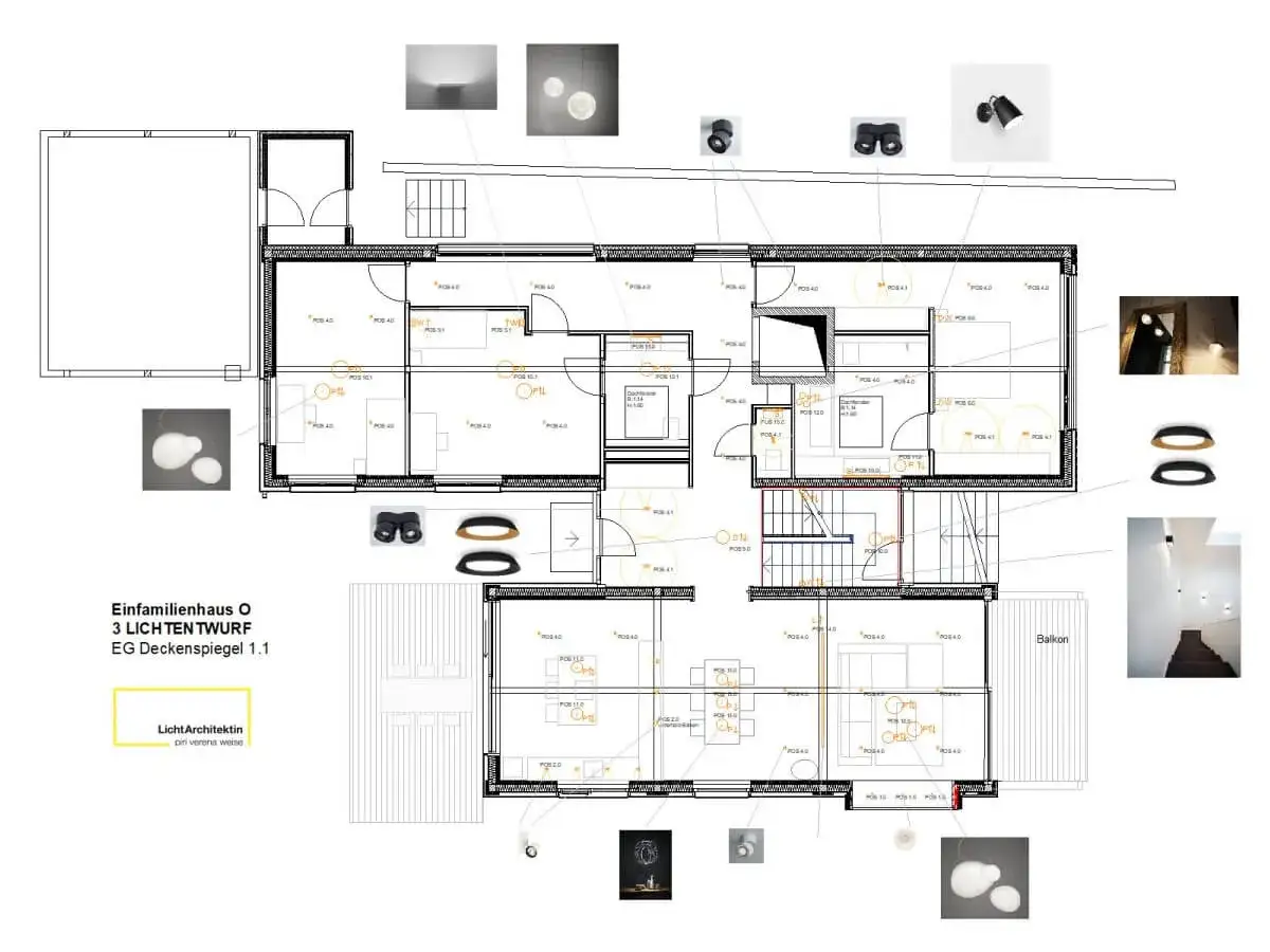 Grundriss mit Lichtplanung für einen Neubau, zeigt Deckenbeleuchtung und Leuchtenmodelle.