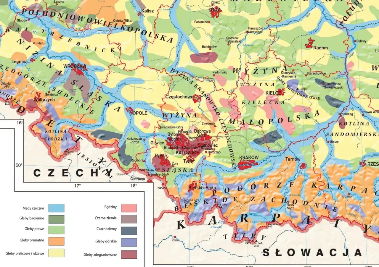 Mapa Polski z zaznaczonymi klasami ziemi, ukazująca zróżnicowanie gleb od żyznych czarnoziemów po gleby górskie.