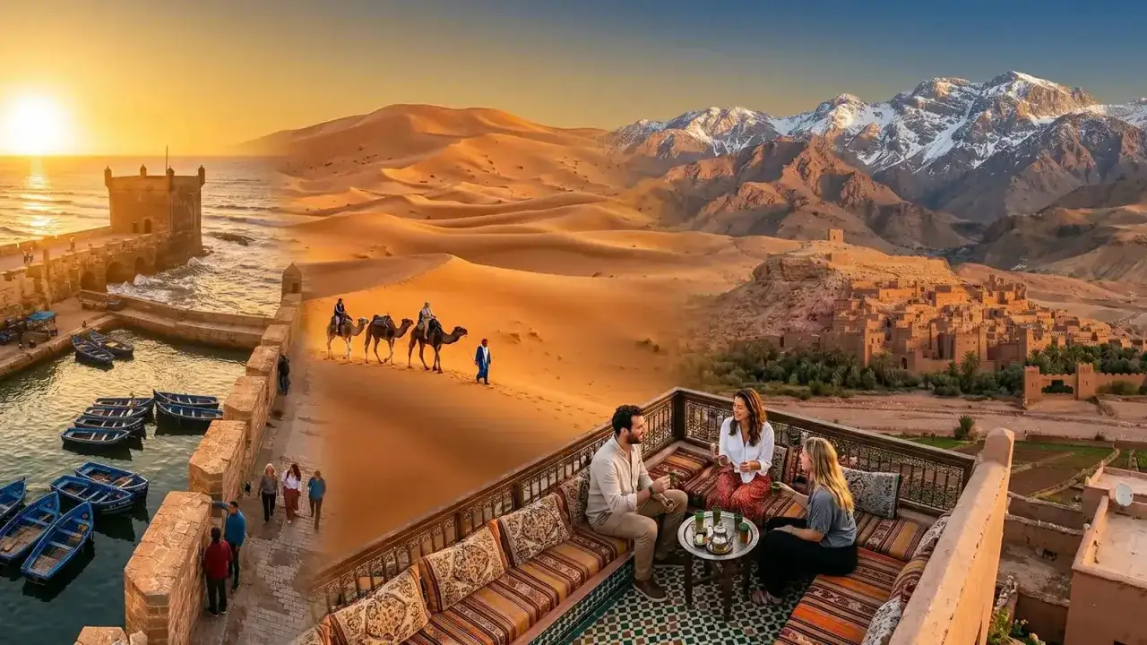 Marokko ist sicher: malerische K&uuml;stenstadt, Kameltour in der W&uuml;ste, Berglandschaft mit Kasbah und entspannte Teepause auf einer Dachterrasse.