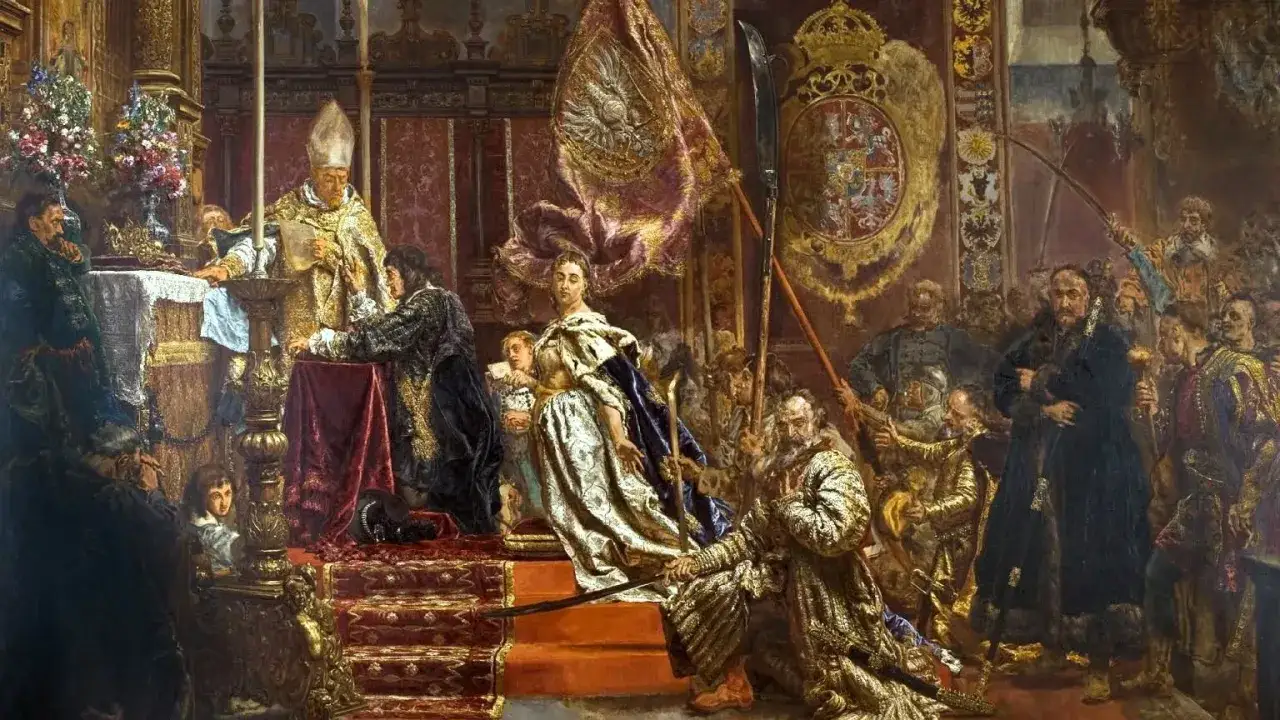 Uroczystość koronacji królowej w bogatym wnętrzu. W tle widać duchowieństwo i dworzan. Obraz przypomina o ważnych wydarzeniach historycznych, jak 3 maja święto kościelne obowiązkowe.