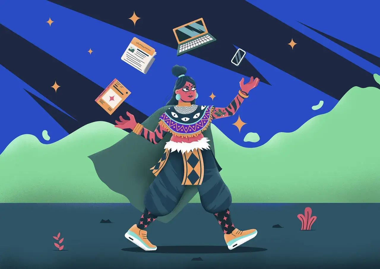 Editorial illustration: Eine Person jongliert mit Laptop, Smartphone und Dokumenten unter einem sternenklaren Himmel.
