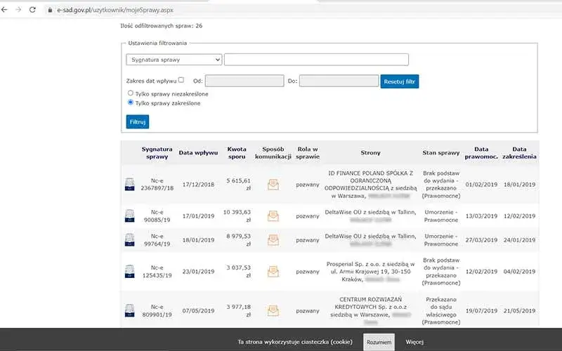 jak sprawdzić status sprawy sądowej