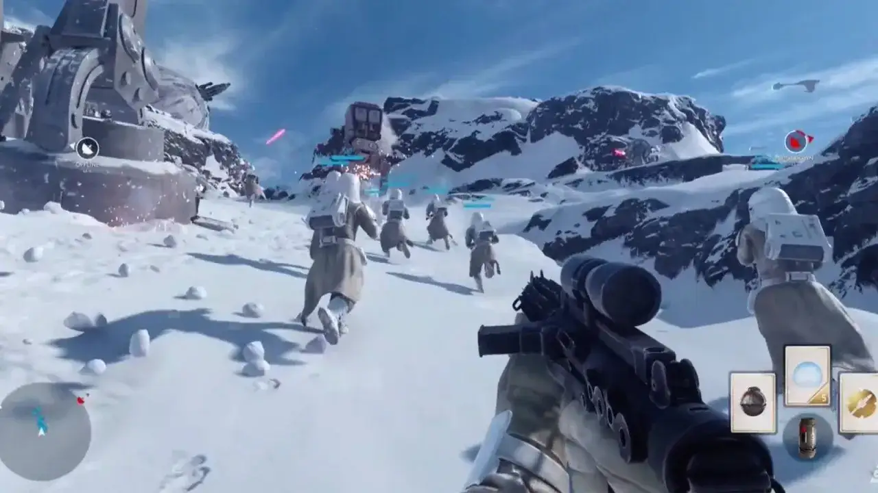 Soldados imperiales corren por un paisaje nevado, listos para la acci&oacute;n en Battlefront 3.