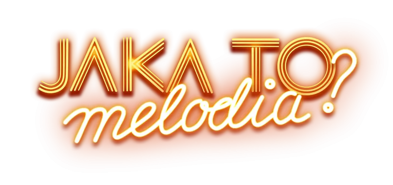 Jaka to melodia? – neonowy napis w kolorze złoto-pomarańczowym, sugerujący muzyczną zagadkę.
