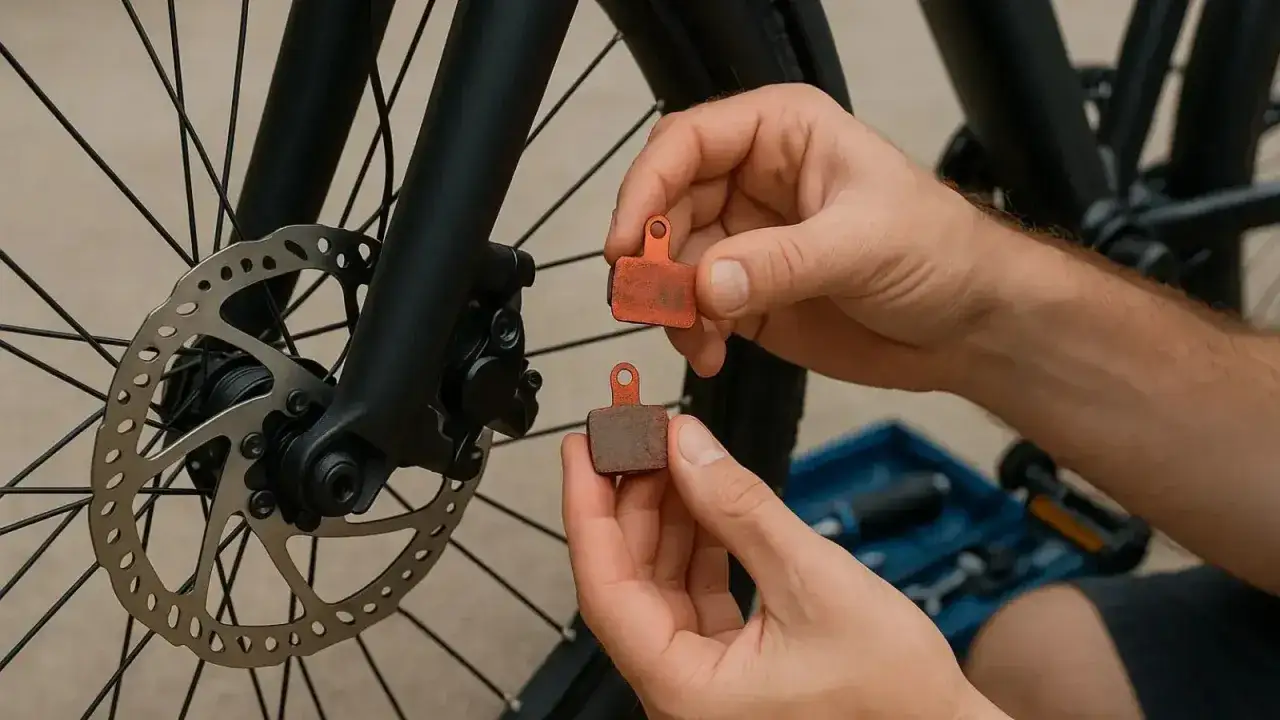 Hands hold new and worn brake pads for a bicycle. This highlights the importance of maintenance, as hydraulic fluid is not compressible, ensuring effective braking.