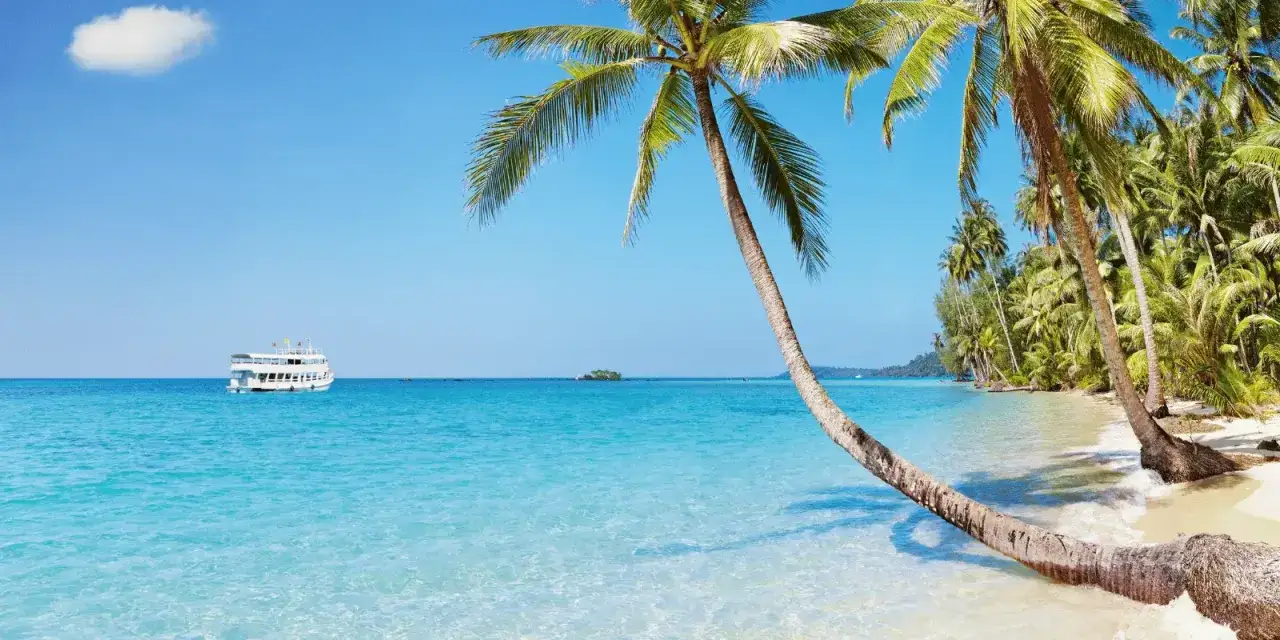 Palme su spiaggia bianca, mare cristallino e una nave all'orizzonte. Un vero paradiso, tra i posti pi&ugrave; belli del mondo mare.