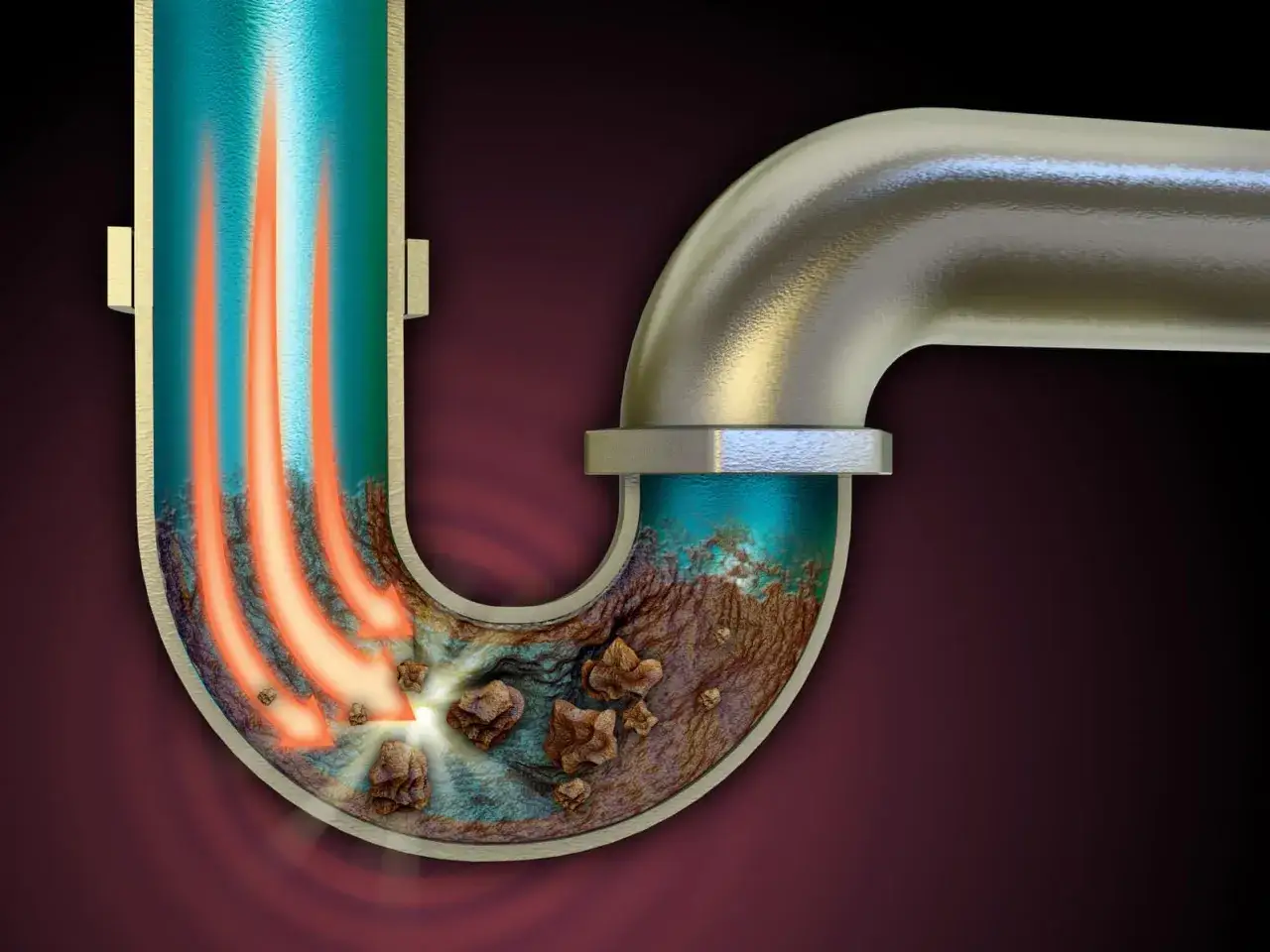 Un bouchon dans la canalisation cause une mauvaise odeur. Des débris s'accumulent, bloquant le passage de l'eau.