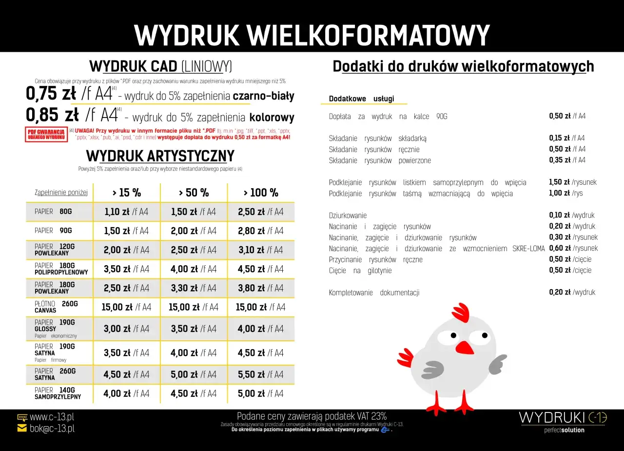 Cennik wydruku wielkoformatowego: ile kosztuje wydrukowanie zdjęcia u fotografa? Od 0,75 zł/f A4 za wydruk czarno-biały do 5,50 zł/f A4 za kolorowy na papierze satynowym 260g.