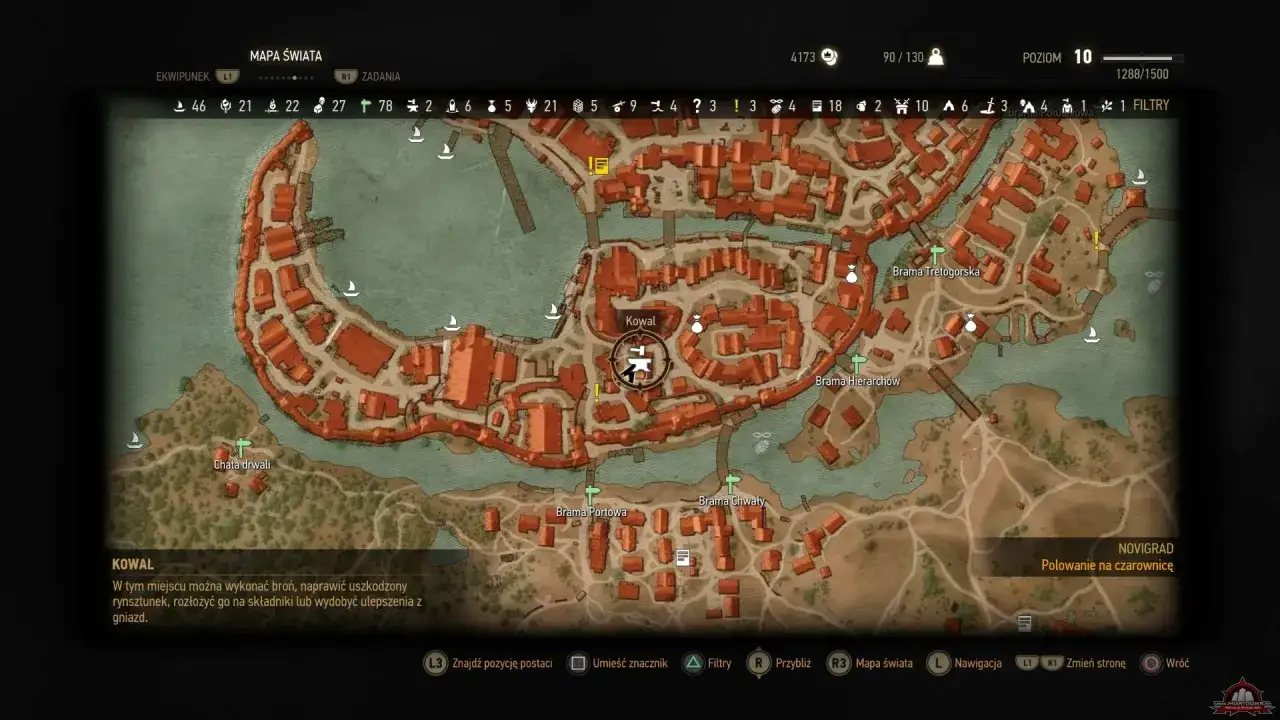 Mapa Novigradu z zaznaczonym kowalem. Geralt planuje lekcję szermierki, by ulepszyć ekwipunek.