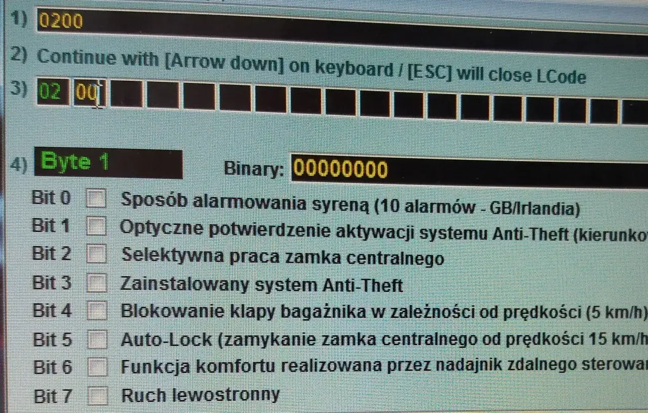 Konfiguracja domykanie szyb z pilota. Wybrano opcję 