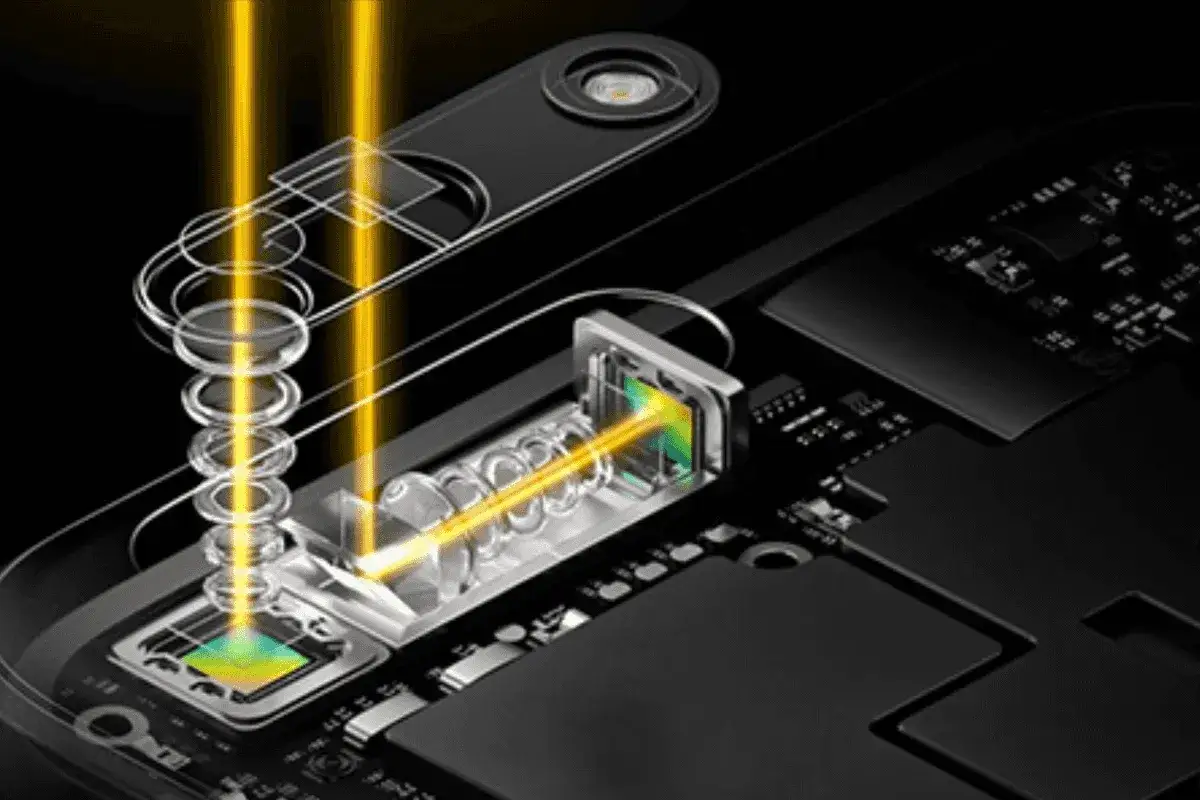 Dettaglio interno di un modulo fotocamera per smartphone, con raggi luminosi che illustrano il funzionamento dello **smartphone zoom** e delle sue lenti.