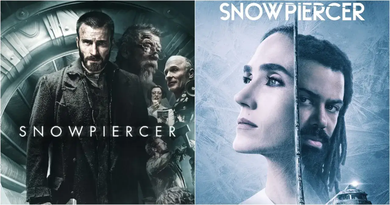 Två affischer för Snowpiercer. Vänster: en man med skägg och mörk rock. Höger: en kvinna och en man med dreadlocks.