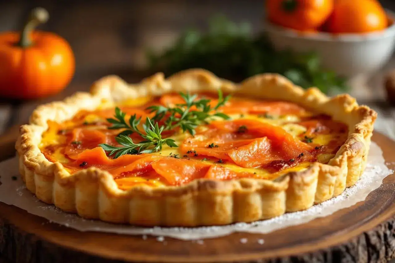 Une d&eacute;licieuse quiche au saumon, garnie de fines herbes fra&icirc;ches, sur un fond automnal avec des citrouilles.