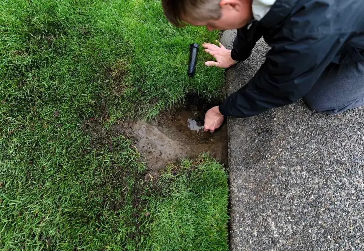 A person kneels by a wet patch of grass, demonstrating how to replace a sprinkler head.