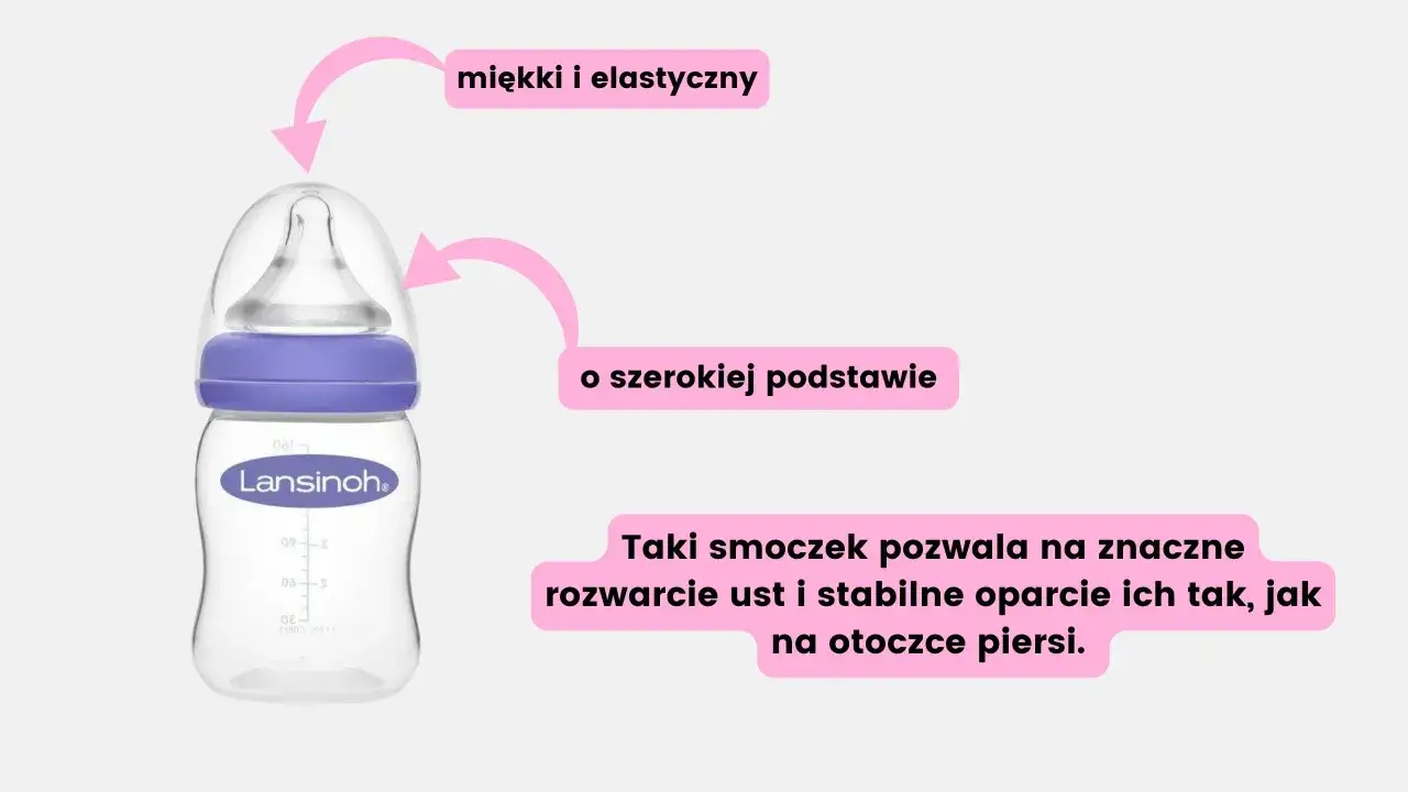 Butelka Lansinoh z miękkim, elastycznym smoczkiem o szerokiej podstawie, idealna do karmienia noworodka.