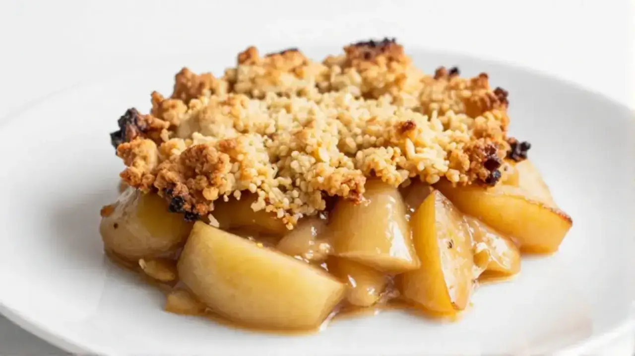 Ein k&ouml;stlicher Apfel Crumble, frisch aus dem Airfryer, mit goldbrauner Kruste und saftigen Apfelst&uuml;cken.