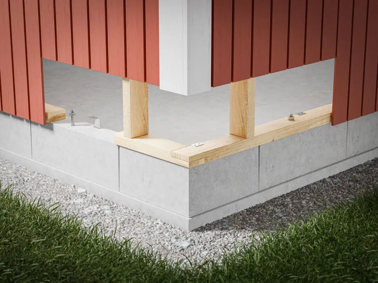 Detaljerad vy av syll p&aring; betongplatta. Tr&auml;reglar f&auml;sts i syllen som sedan b&auml;r upp fasadpanelen.
