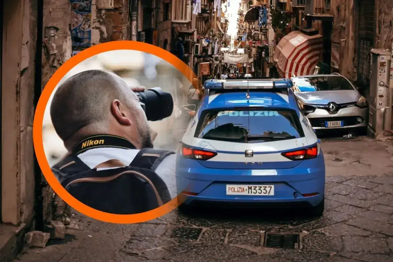 Fotograf dokumentuje ulicę Neapolu z radiowozem. Czy Neapol jest bezpieczny? Obecność policji może budzić pytania.