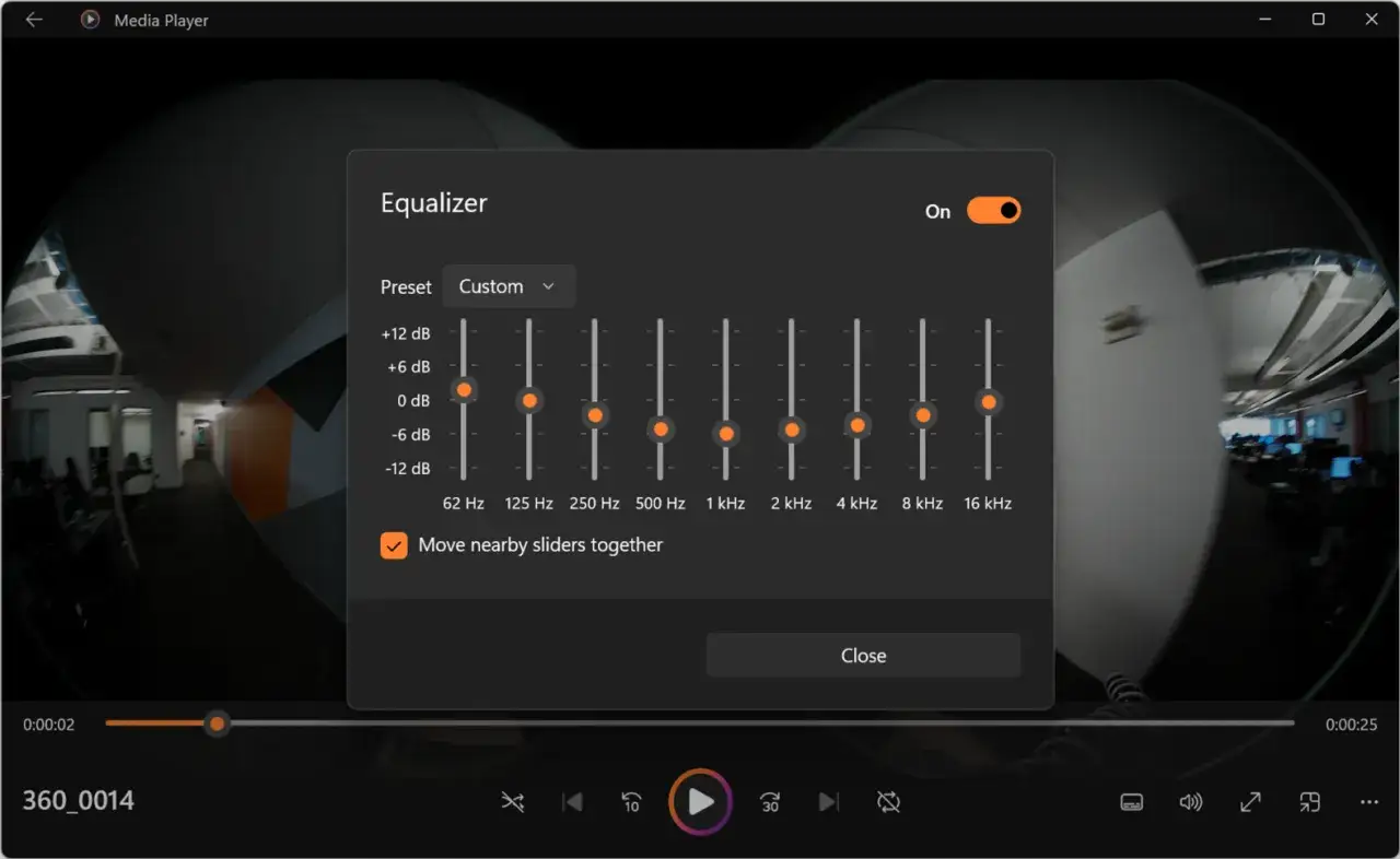 Media Player avi with an active equalizer window. Sliders adjust audio frequencies for custom sound.