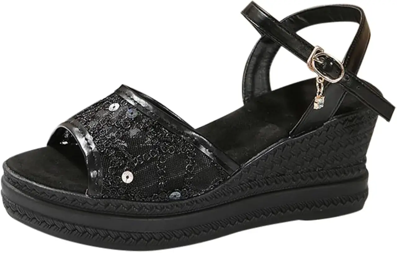 Sandali Alma en Pena neri con paillettes e zeppa intrecciata, perfetti per un look scintillante.
